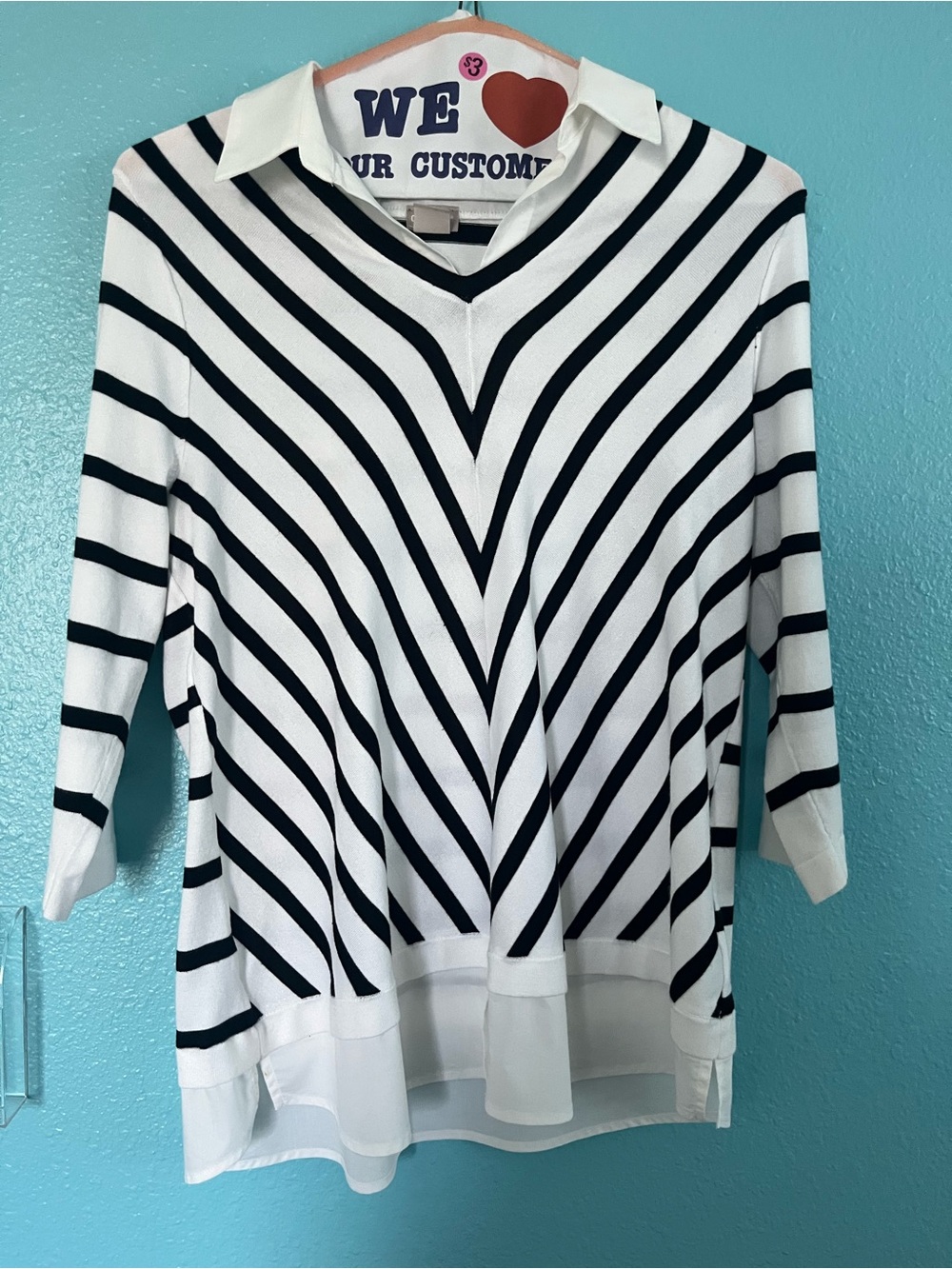Chico's Black & White Striped V-Neck Layered-Hem Top size large